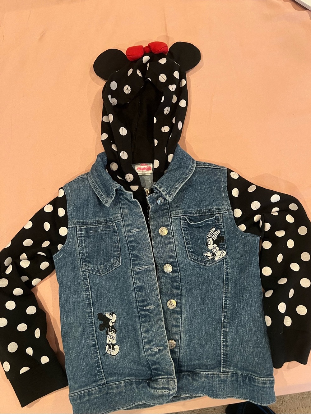 Disney Girls' Denim Jacket with Black & White Polka Dot Hood and Red Bow